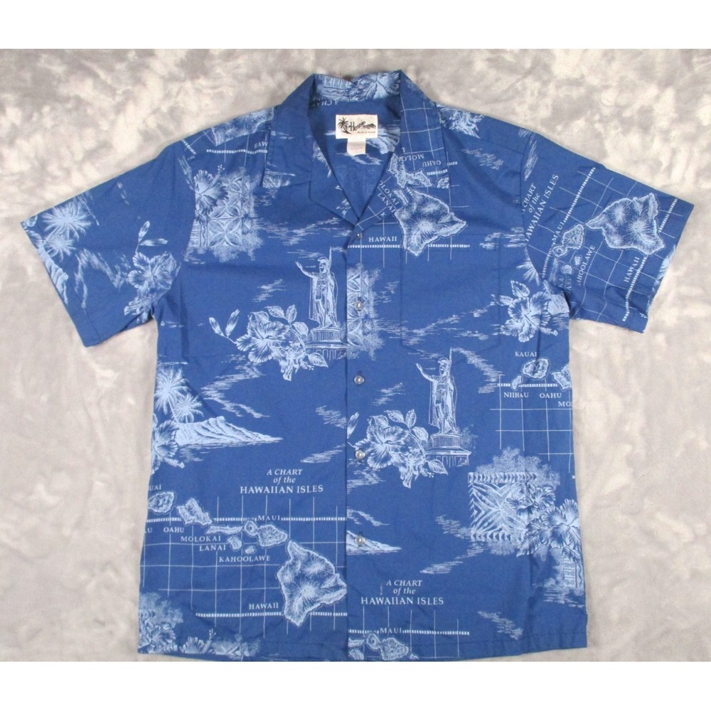 Vintage Howie Chart of the‎ Hawaiian Islands Hawaiian Camp Shirt Men's L Blue